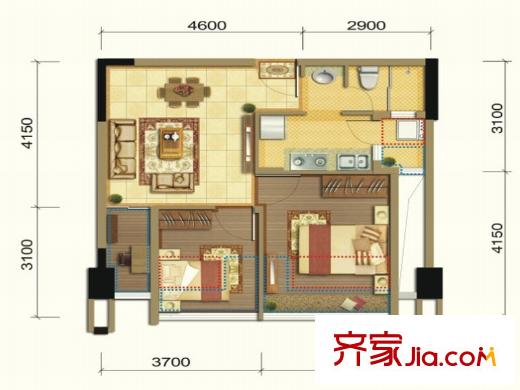 潤揚(yáng)雙鐵廣場1期1棟標(biāo)準(zhǔn)層B1戶型 2室2廳1衛(wèi)1廚