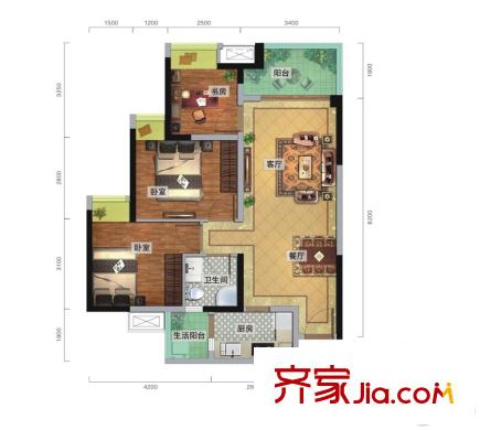瑞升城北橡樹林1棟標(biāo)準(zhǔn)層E戶型 3室2廳1衛(wèi)1廚