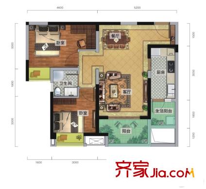 瑞升城北橡樹林1棟標(biāo)準(zhǔn)層D戶型 2室2廳1衛(wèi)1廚