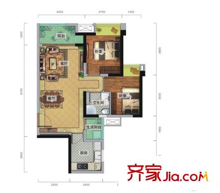 瑞升城北橡樹林1棟標(biāo)準(zhǔn)層b戶型 2室2廳1衛(wèi)1廚