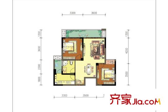 翡翠灣源著一期5、6、7號(hào)樓C3戶型 2室2廳1衛(wèi)1廚