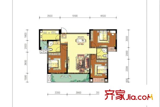 翡翠灣源著二期11、12、13號(hào)樓D2戶型 3室2廳2衛(wèi)1廚