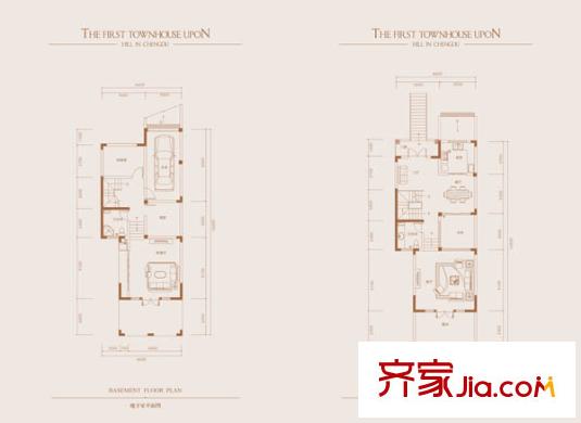山頂上一期聯(lián)排別墅c戶型地下室及一層  4室3廳5衛(wèi)1廚
