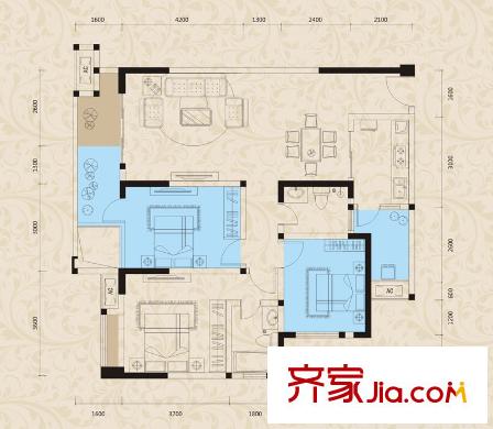 保利中央峰景1期25#樓偶數(shù)層E1、26#樓偶數(shù)層F1戶型 1室2廳2衛(wèi)1廚