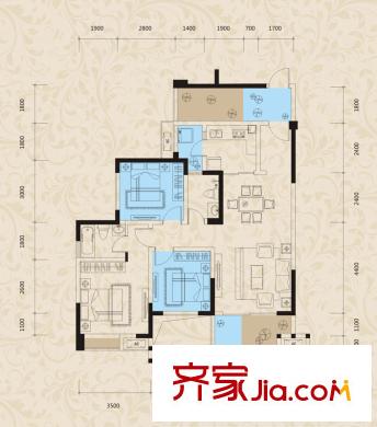 保利中央峰景一期27#樓偶數(shù)層G3戶型 1室2廳2衛(wèi)1廚