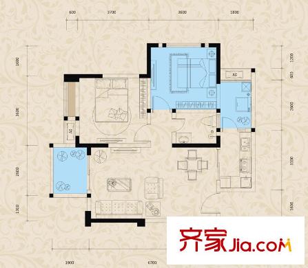 保利中央峰景一期25#樓E2、26#樓F2戶型 1室2廳1衛(wèi)1廚