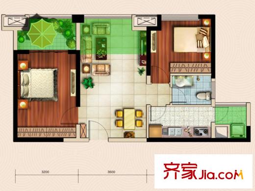 中鐵城錦南匯一期1號樓、3號樓標(biāo)準(zhǔn)層E戶型 2室2廳1衛(wèi)1廚