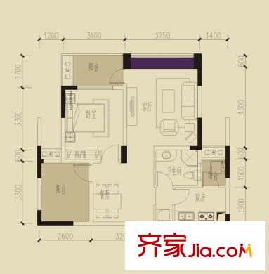 保利城一期B1戶型圖（售罄） 1室2廳1衛(wèi)1廚
