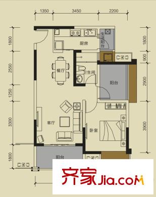 保利城二期1號樓C2戶型（售罄） 1室2廳1衛(wèi)1廚