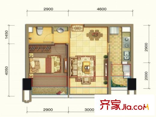 潤揚(yáng)雙鐵廣場1期1棟標(biāo)準(zhǔn)層D1戶型 1室2廳1衛(wèi)1廚