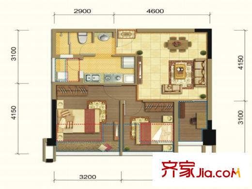 潤揚(yáng)雙鐵廣場1期1棟標(biāo)準(zhǔn)層B2戶型 2室2廳1衛(wèi)1廚