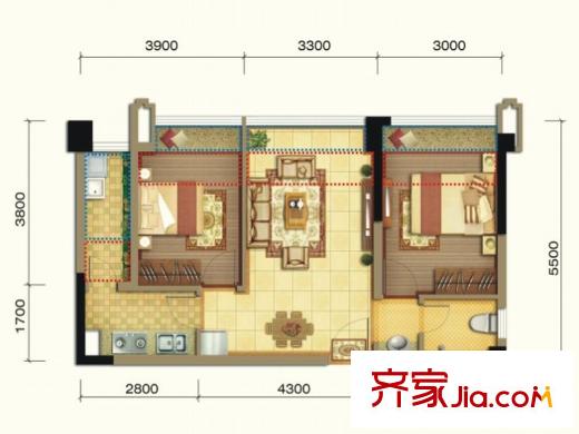 潤揚(yáng)雙鐵廣場1期3.5.7棟標(biāo)準(zhǔn)層E1戶型 2室2廳1衛(wèi)1廚