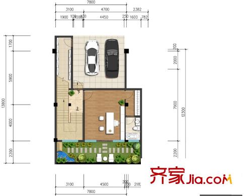 達(dá)觀山一期14-21號樓F戶型1F 2室2廳3衛(wèi)1廚