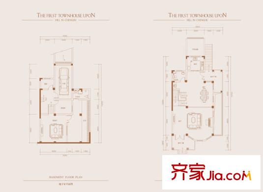 山頂上一期聯(lián)排別墅e戶型地下室及一層  5室3廳5衛(wèi)1廚