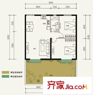 青城頂尚二期D2戶型 2室2廳1衛(wèi)1廚