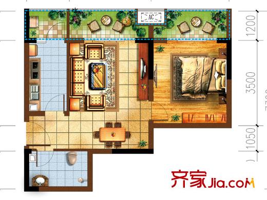 宗申賽納莊園一期1棟洋樓標(biāo)準(zhǔn)層C戶型圖 1室2廳1衛(wèi)