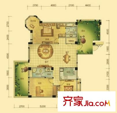 海航香頌湖國際社區(qū)鳴溪谷F1戶型 3室2廳2衛(wèi)1廚