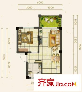 青城御龍灣一期3-5號樓A2戶型 1室2廳1衛(wèi)1廚