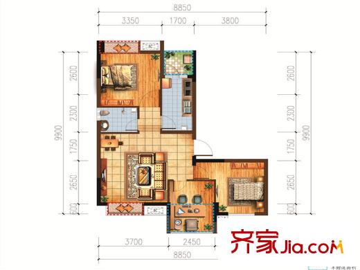 宗申賽納莊園一期6棟標(biāo)準(zhǔn)層E1戶型 2室2廳1衛(wèi)1廚