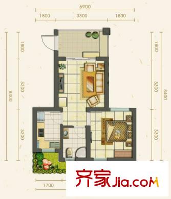 青城御龍灣一期3-5號樓D戶型 1室1廳1衛(wèi)1廚