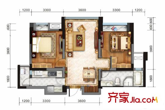 戛納灣金棕櫚二期6號樓標準層T5-1A戶型 2室2廳1衛(wèi)1廚