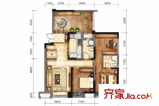 戛納灣金棕櫚二期4棟標準層T5-1D戶型 3室2廳2衛(wèi)1廚
