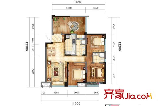 戛納灣金棕櫚二期6棟、9棟T5-2C戶型 3室2廳2衛(wèi)1廚