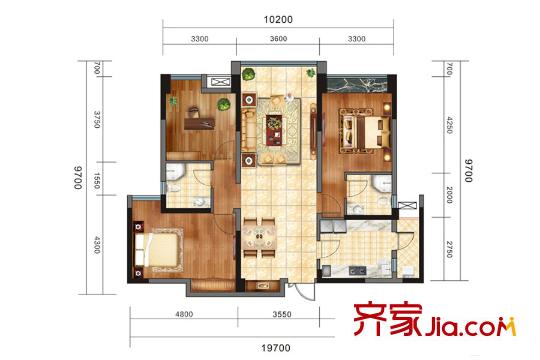 戛納灣金棕櫚二期6棟、9棟T5-2D戶型 3室2廳2衛(wèi)1廚