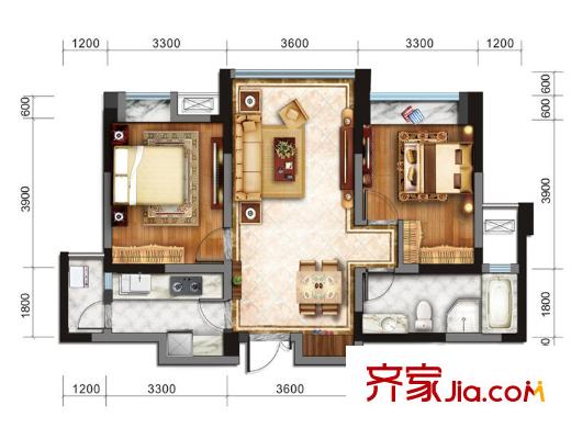 戛納灣金棕櫚一期11號樓標準層T5-1A戶型 2室2廳1衛(wèi)1廚