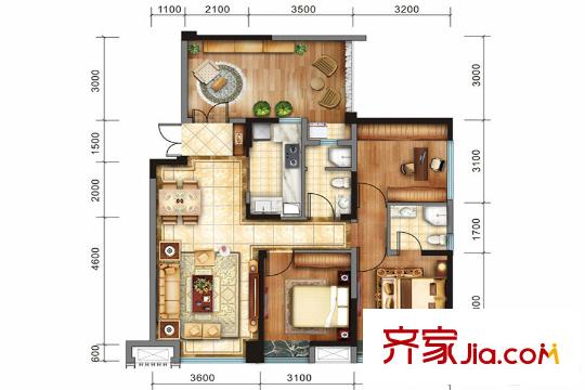 戛納灣金棕櫚二期6號樓標準層T5-1D戶型 3室2廳2衛(wèi)1廚