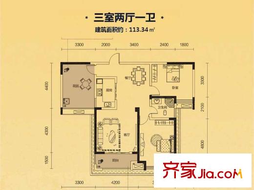 三一就此香寓16、17、20棟A2戶型 3室2廳1衛(wèi)1廚