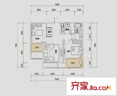 三一就此香寓一期B戶型 2室2廳1衛(wèi)1廚
