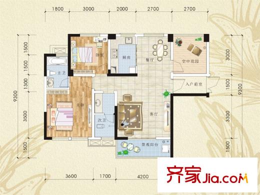 佳美紫郡1號棟A1戶型 3室2廳2衛(wèi)1廚