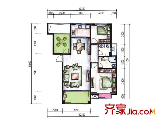 ?？怂股鐓^(qū)1、2棟夢想之城戶型 3室2廳2衛(wèi)1廚