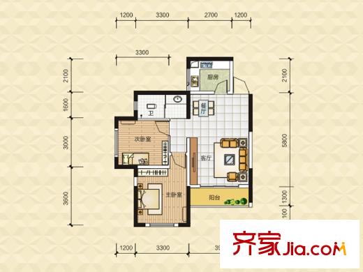 泊林晶城2、3棟C3a戶型 2室1廳1衛(wèi)1廚