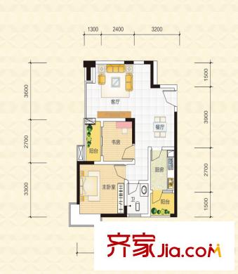 泊林晶城3棟C2a戶型 2室2廳1衛(wèi)1廚