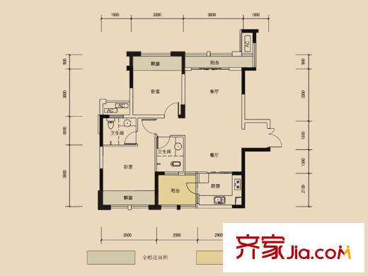 長沙奧林匹克花園貢院ⅢA1戶型 2室2廳2衛(wèi)1廚