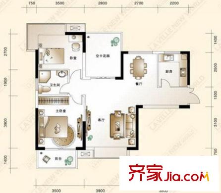 新城新世界A1戶(hù)型  2室2廳1衛(wèi)1廚