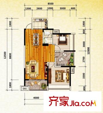 新里程瀟湘名城1棟0509戶型  2室2廳1衛(wèi)1廚