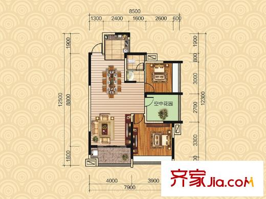 新里程瀟湘名城7棟0407戶型 2室2廳1衛(wèi)1廚