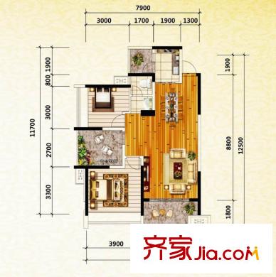 新里程瀟湘名城1棟0410戶型  2室2廳1衛(wèi)1廚