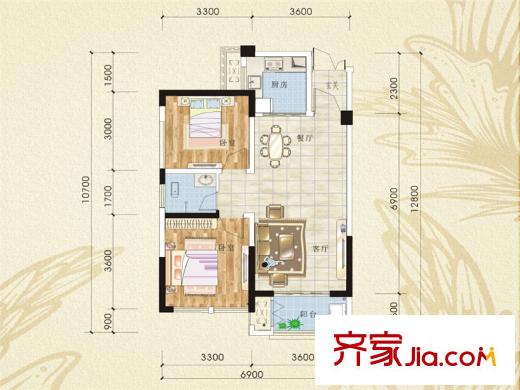 佳美紫郡3號棟B2戶型 2室2廳1衛(wèi)1廚