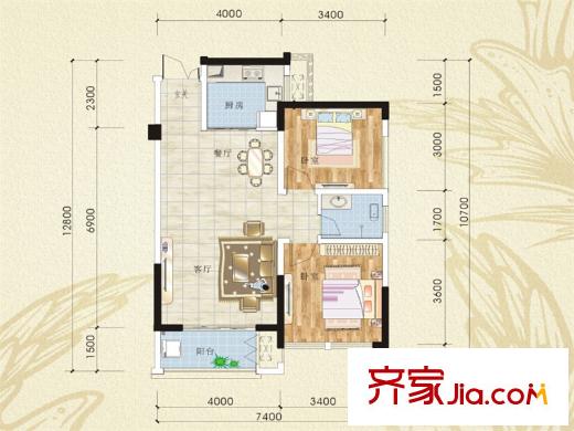 佳美紫郡3號棟B3戶型 2室2廳1衛(wèi)1廚