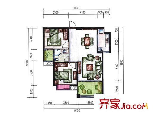 埃克斯社區(qū)1、2棟戀愛日記戶型 2室2廳1衛(wèi)1廚