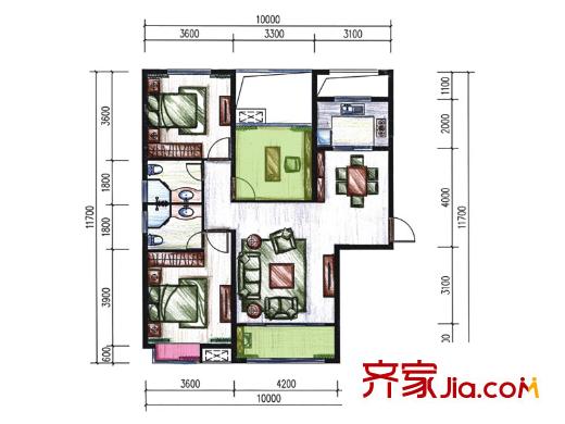 ?？怂股鐓^(qū)1、2棟致青春戶型 3室2廳2衛(wèi)1廚