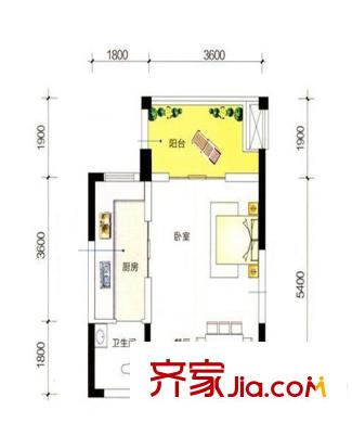泊林晶城1棟A1戶型 1室1廳1衛(wèi)1廚