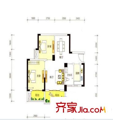 泊林晶城1棟B2戶型 2室2廳1衛(wèi)1廚