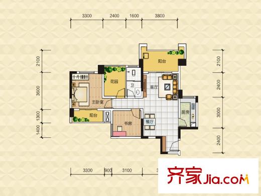 泊林晶城2、3棟C1a戶型 2室1廳1衛(wèi)1廚