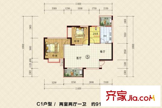 德茂公寓5號C1戶型 2室2廳1衛(wèi)1廚