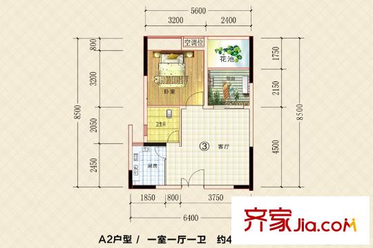 德茂公寓3號A2戶型 1室1廳1衛(wèi)1廚